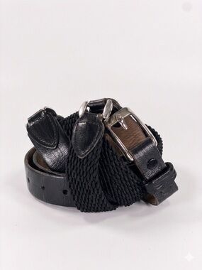 PARIS Vintage Black Woven Elastic Belt Leather Trim Silver Buckle Made in USA 32